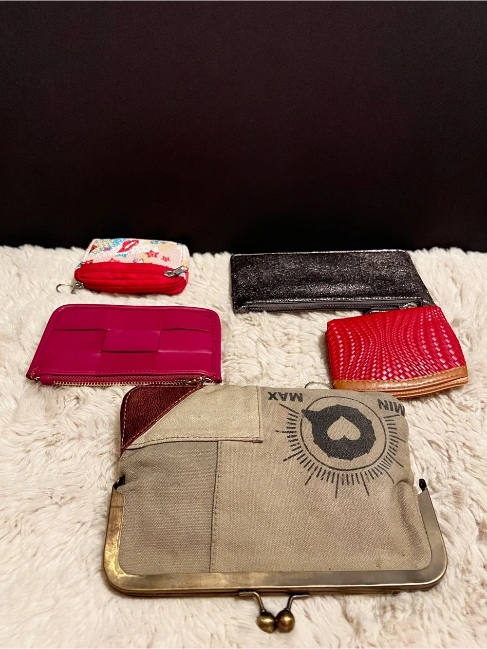 Bundle of various bags. Wallets, change purses
